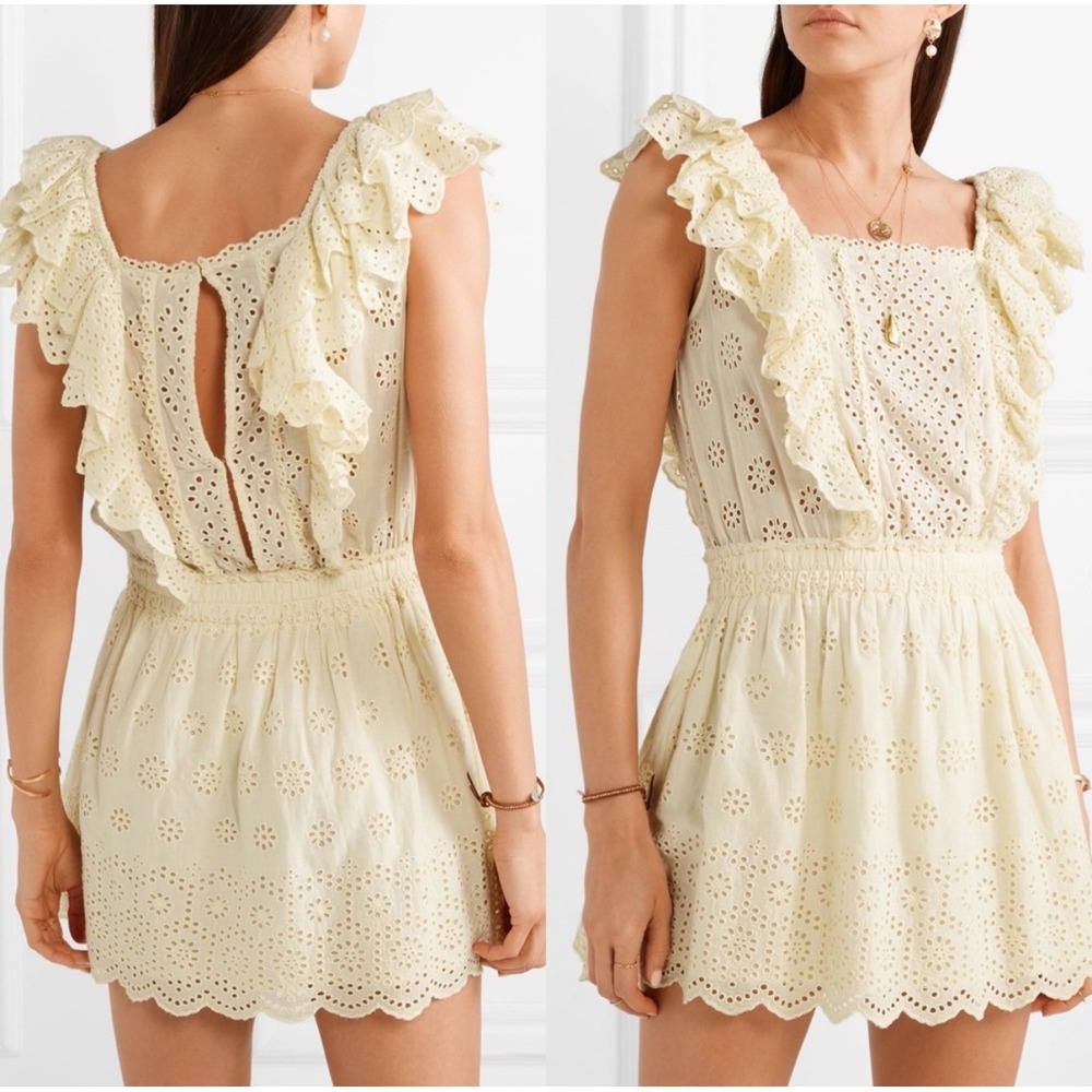 LoveShackFancy Doea Eyelet Romper Womens S Cream Ruffle Smocked Peekaboo Boho 🔥